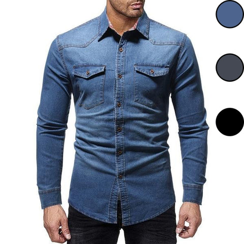 Chemise-jeans-hipster-homme-bleu-face-Class-Denim-3-coloris-Bleu-Gris-Noir-vêtement-hipster.fr