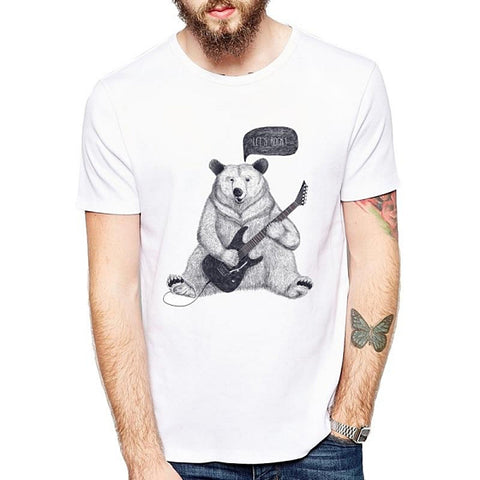 Tee shirt blanc hipster homme Let's Rock ! Nounours Ours Guitare Music Rock'n'roll - vêtement-hipster.fr